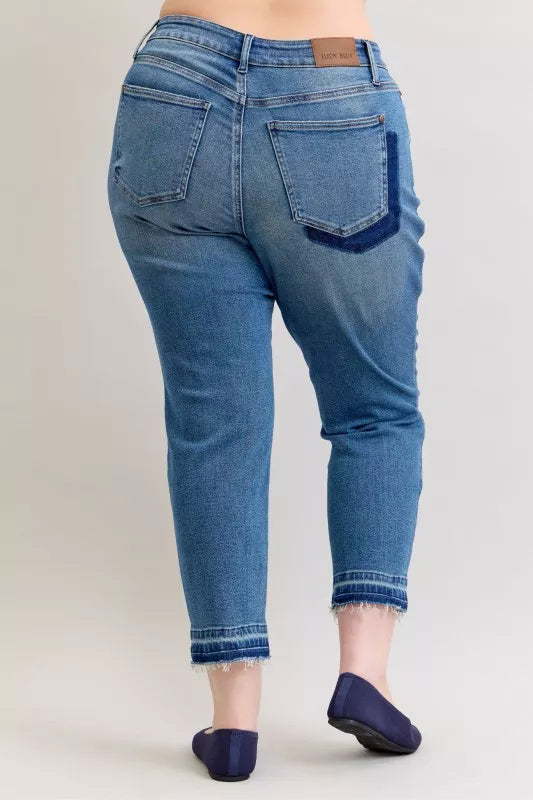 Full Size Mid Rise Bf Patch & Repair Destroy Release Hem Jeans Plus Size