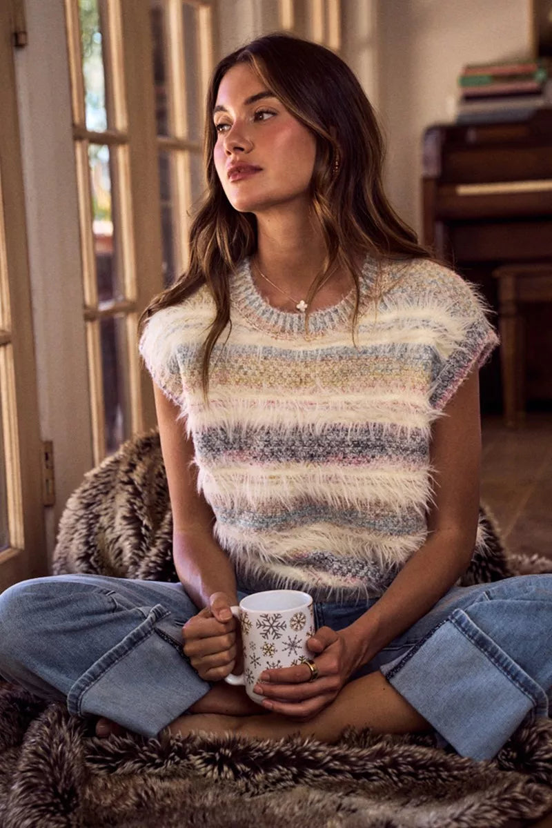 Soft Fuzzy Multi Color Stripe Cozy Sweater Top