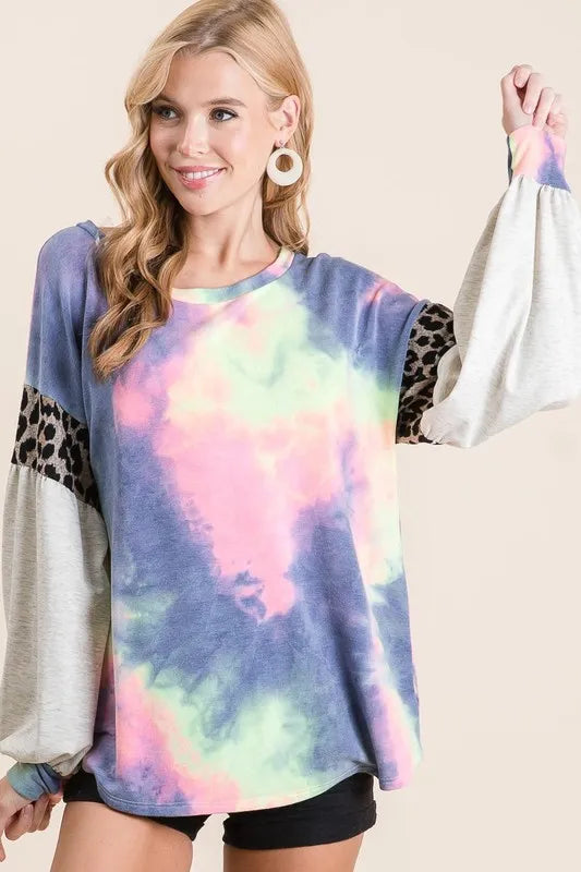 Tie Dye Terry Top with Contrast Puff Sleeves
