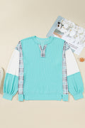 Twist Ribbed Color Block Plaid Patchwork Plus Size Long Sleeve Top