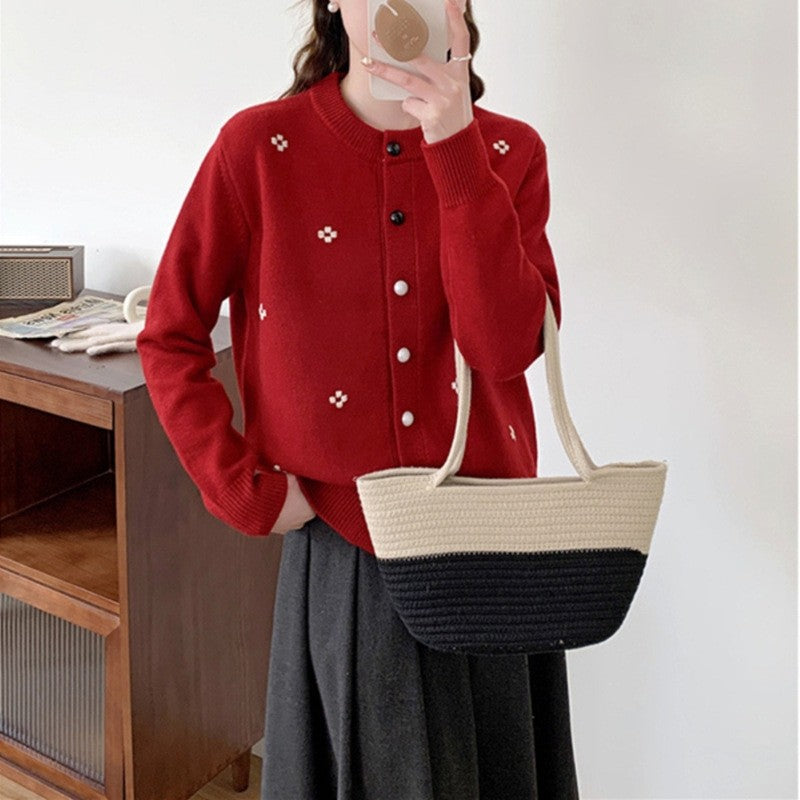 Long Sleeve Crewneck Single Breasted Knitted Cardigan Sweater