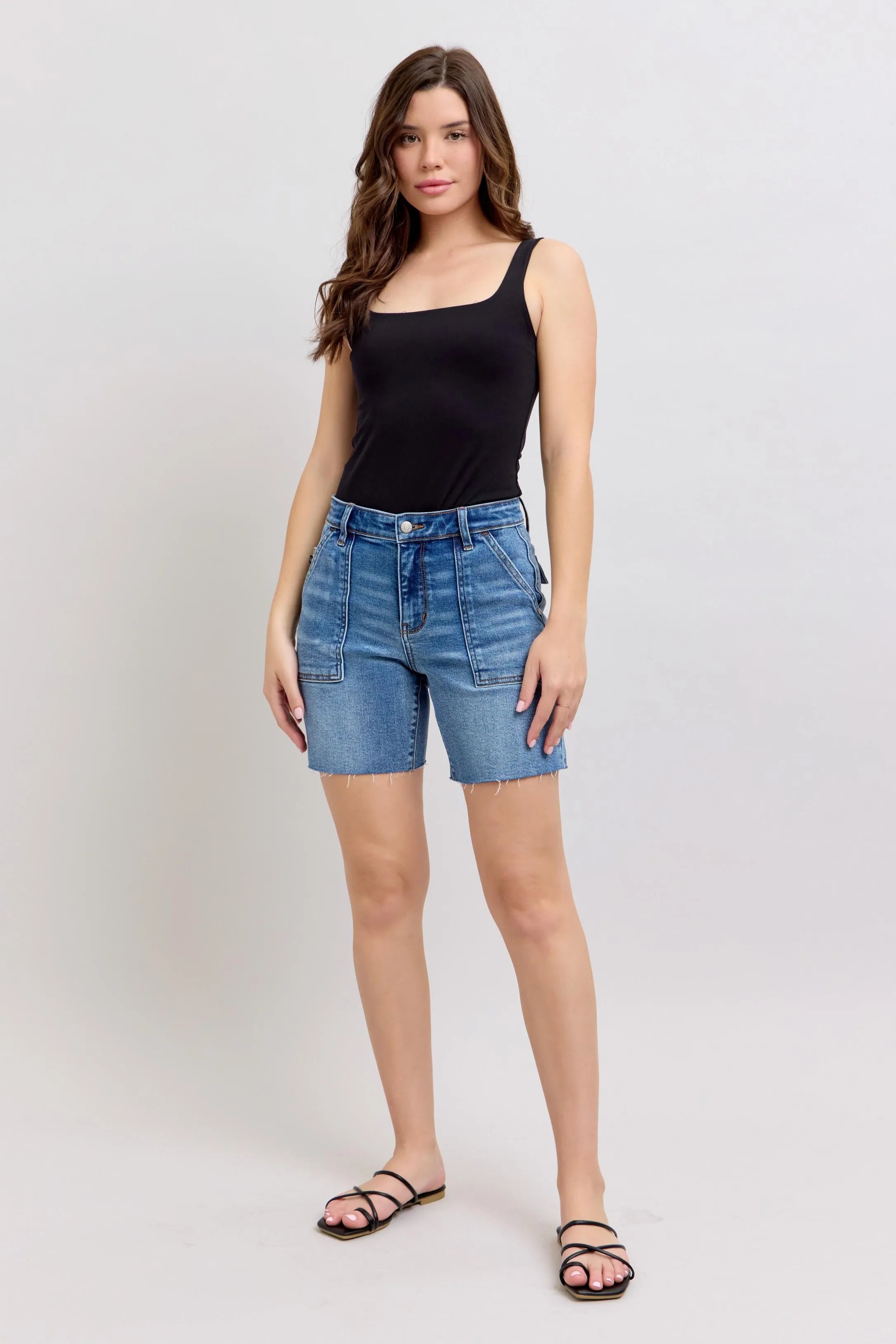 Full Size Mid Rise Bermudas Denim Shorts W/ Back Flap Pockets Plus Size