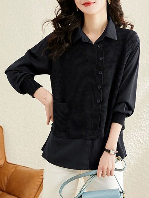 Long Sleeves Loose Solid Color Lapel  Inner Shirt + Buttoned Pockets Outer Knit Vest Two Pieces Set