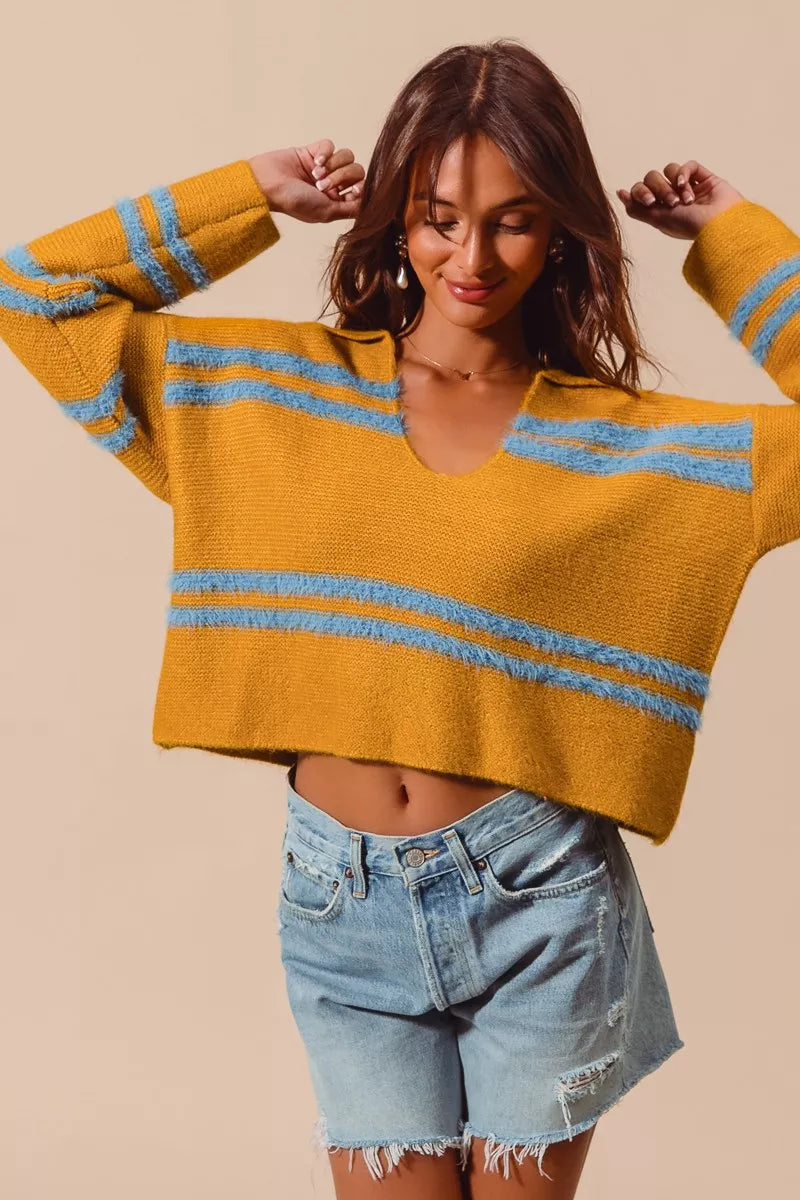 Fuzzy Hairy Stripe Deep U Neck Sweater