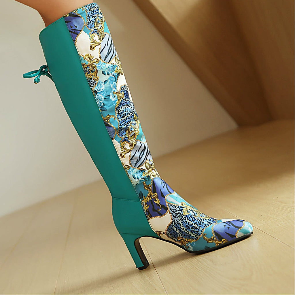 Floral Patchwork Bowknot Over-the-Knee Boots