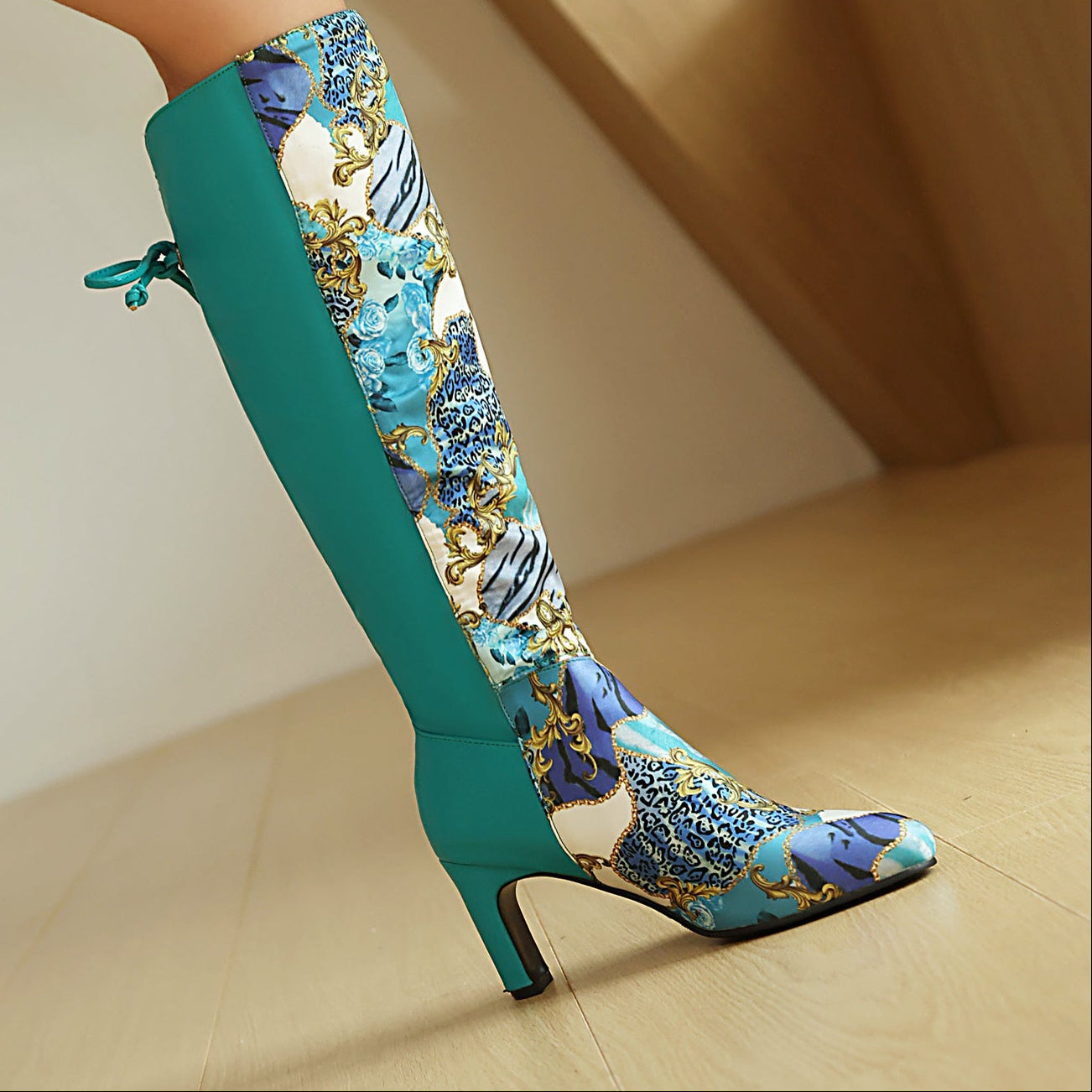 Floral Patchwork Bowknot Over-the-Knee Boots