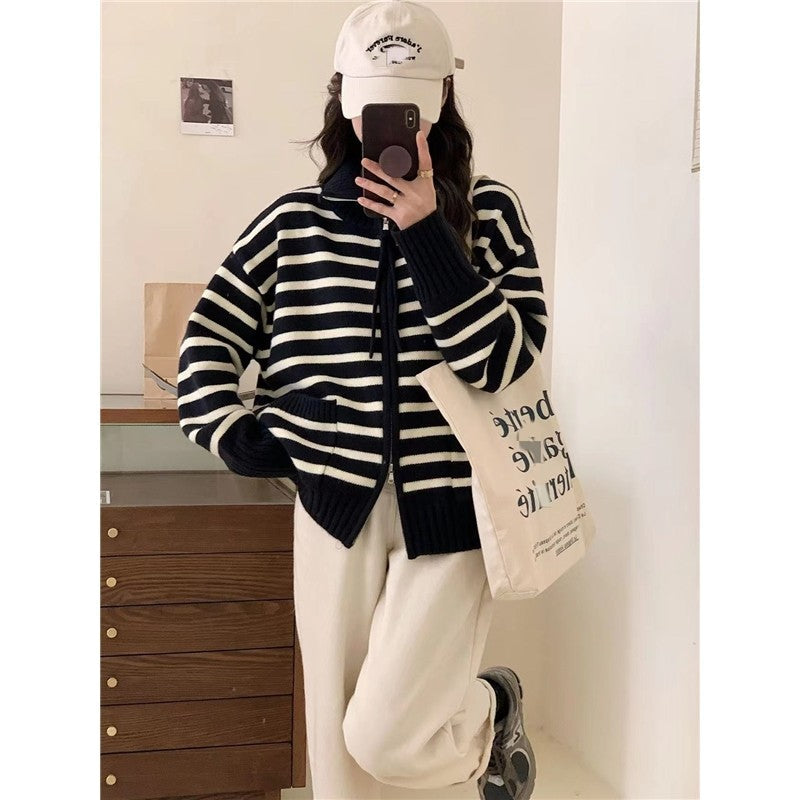 Long Sleeve Lapel Zipper Striped Casual Loose Knitted Cardigan Sweater