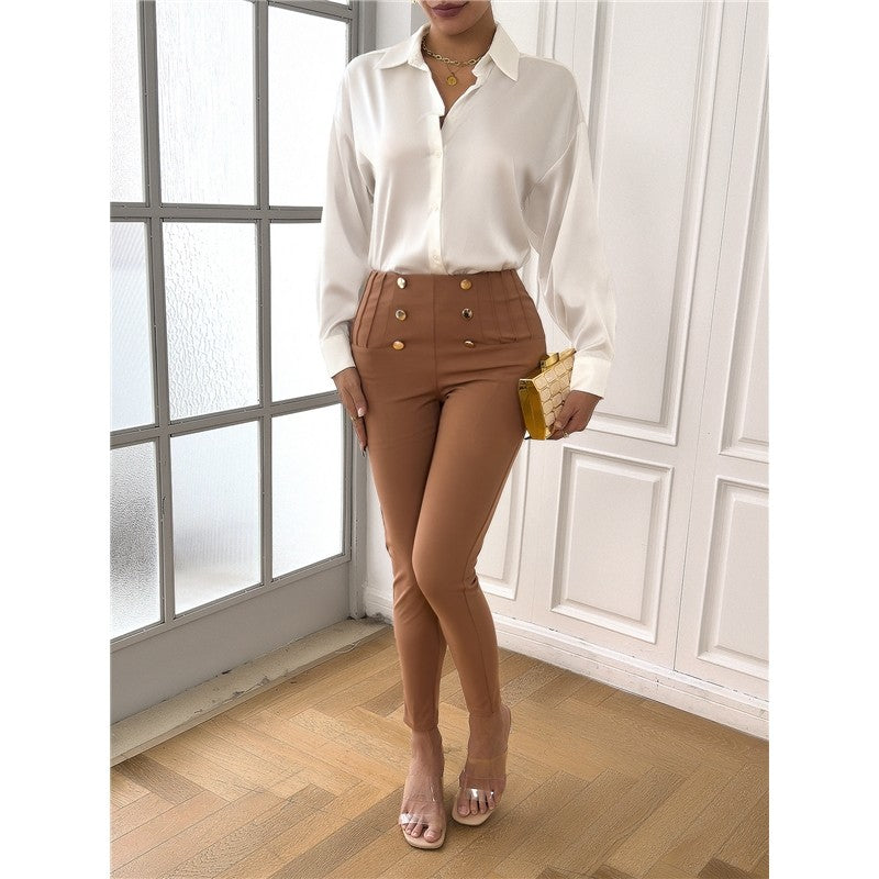 Mid-Rise Solid Color Slim Fit Pencil Trousers