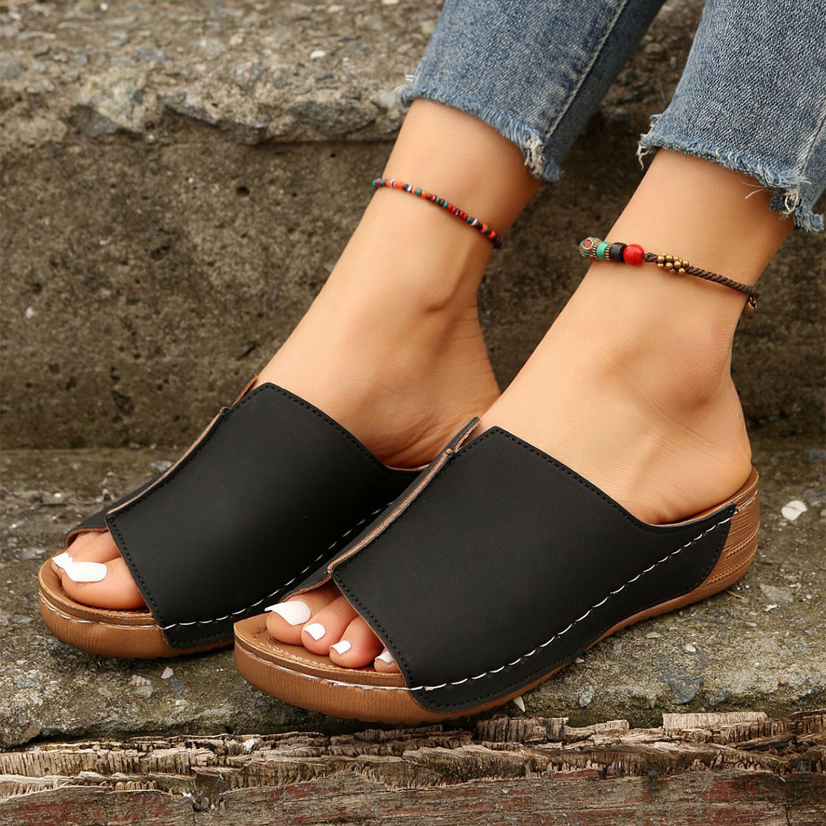 Wedge Sandals - Peep Toe Platform Slides