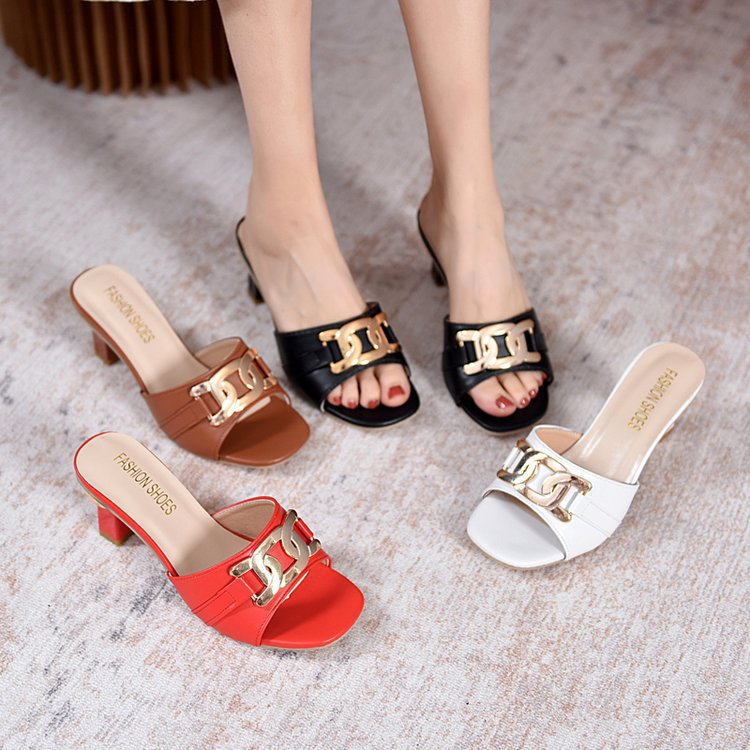 Women's Metal Buckle High Heel Peep Toe Slippers | Block Heel Open Toe Mules in PU Leather