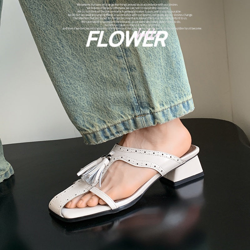 Women's Tassel Slide Sandals | Square Toe Block Heel Cowhide Mules