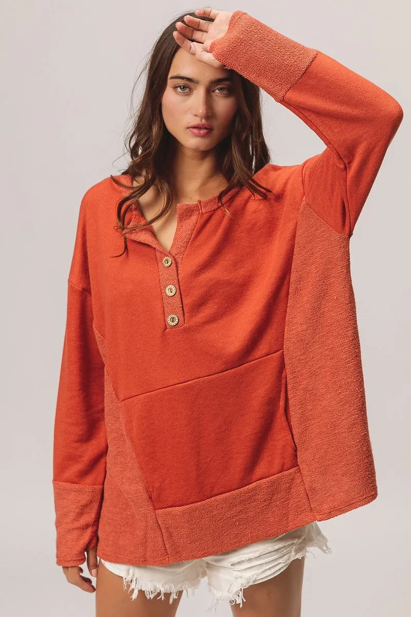 French Terry Knit Side Block Buttoned Henley Top