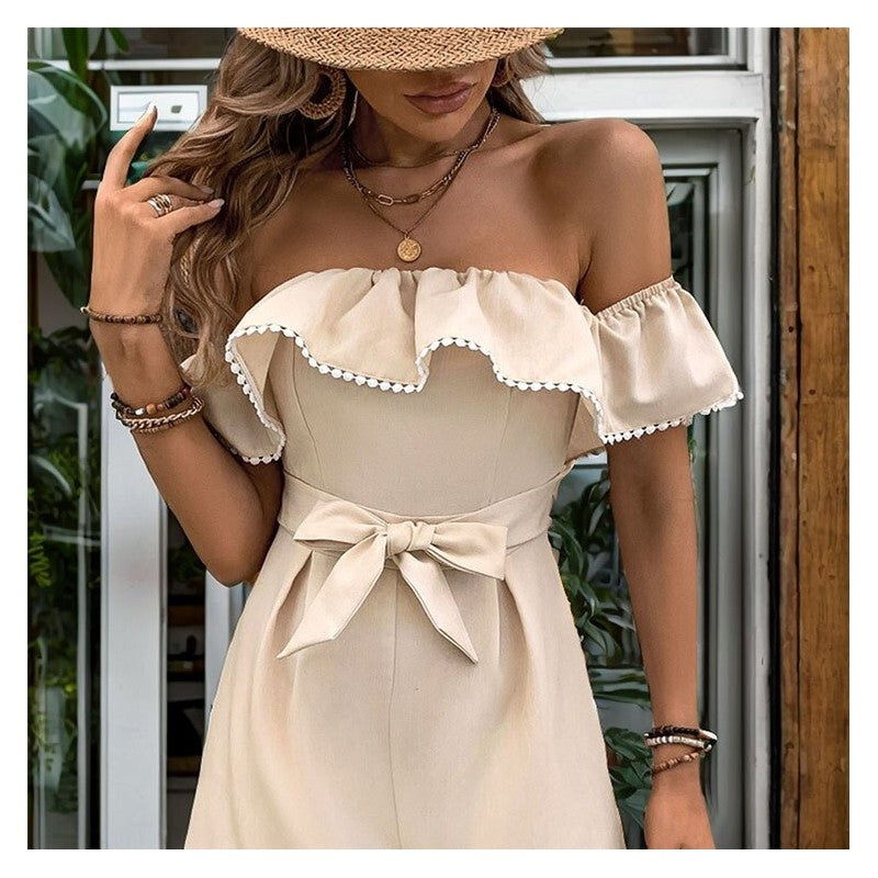 One-Shoulder Ruffle Detail Solid Color Jumpsuit