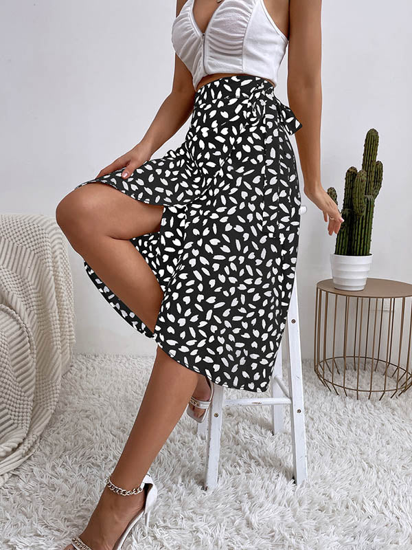 A-Line High-Low Printed Split-Front Tied Waist Skirts Bottoms