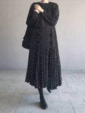 Long Sleeves Loose Elasticity Pleated Polka-Dot Split-Joint Round-Neck Midi Dresses