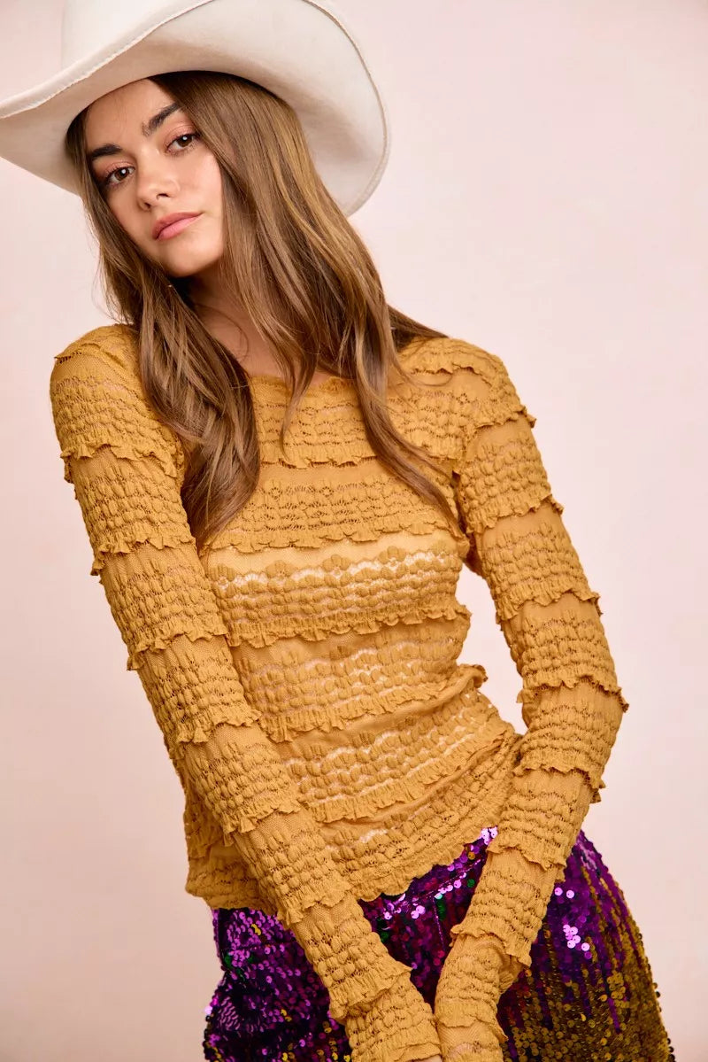 Ruffles Detail Mardi Gras Color Flower Lace Top
