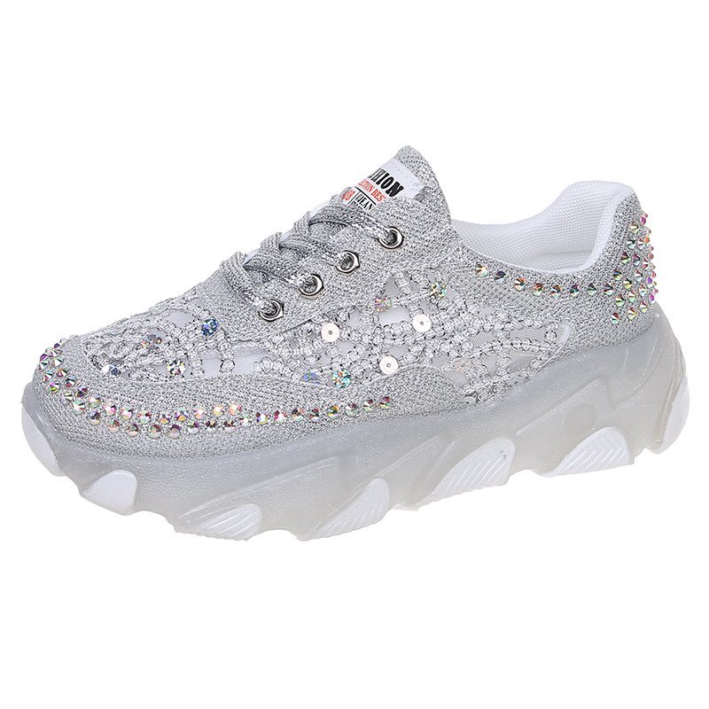 Women's Rhinestone Mesh Dad Sneakers | Chunky Sole Lace-Up Casual Shoes