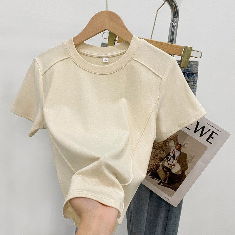 Fishbone Round Neck Slim Fit Solid Color T-Shirt