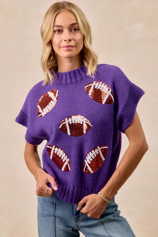 Gameday Sequin Football Patches Rib Banded Sweater