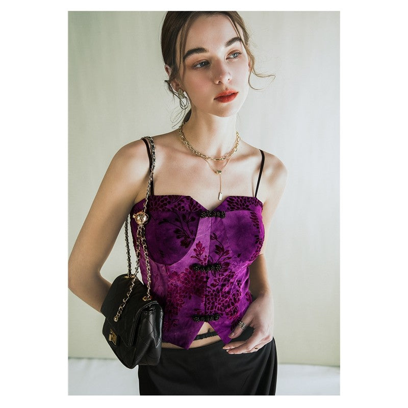 Sleek Embroidered Retro Vest with Spaghetti Straps