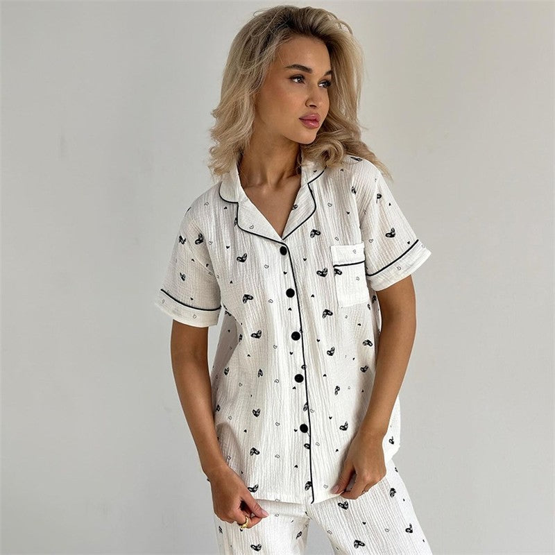 Home Wear Set: Printed Short Sleeve Top with Long Pants