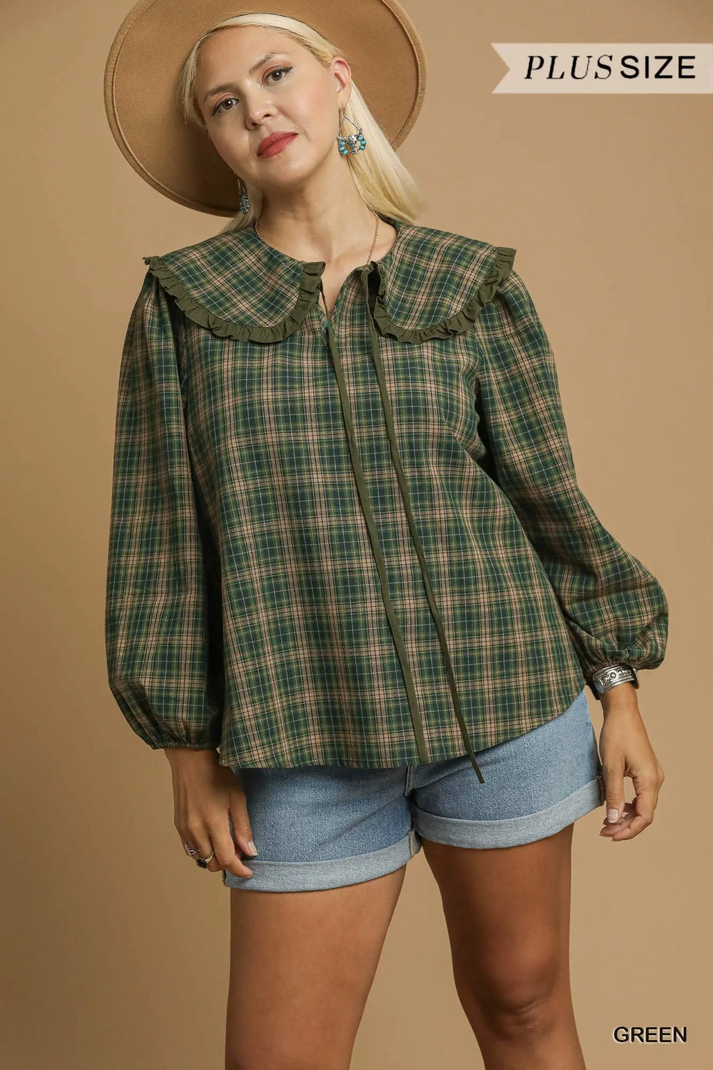Full Size Plaid Ruffle Collar Blouse Plus Size
