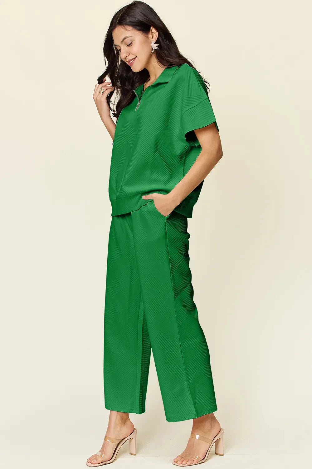 I am a Fashion Junky Full Size Texture Half Zip Short Sleeve Top and Pants Set