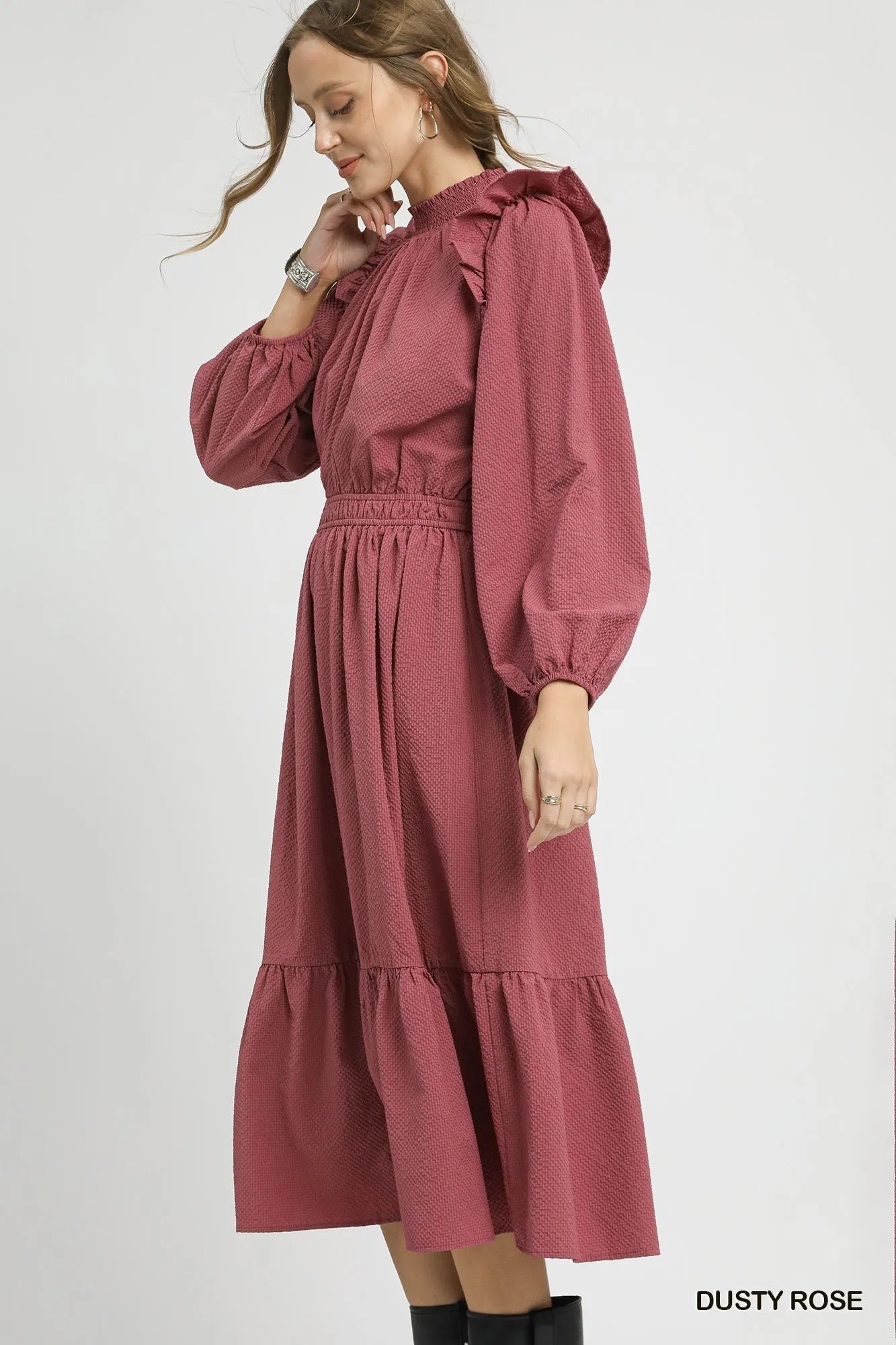 Textured Midi Dress with Ruffle Shoulder Detail
