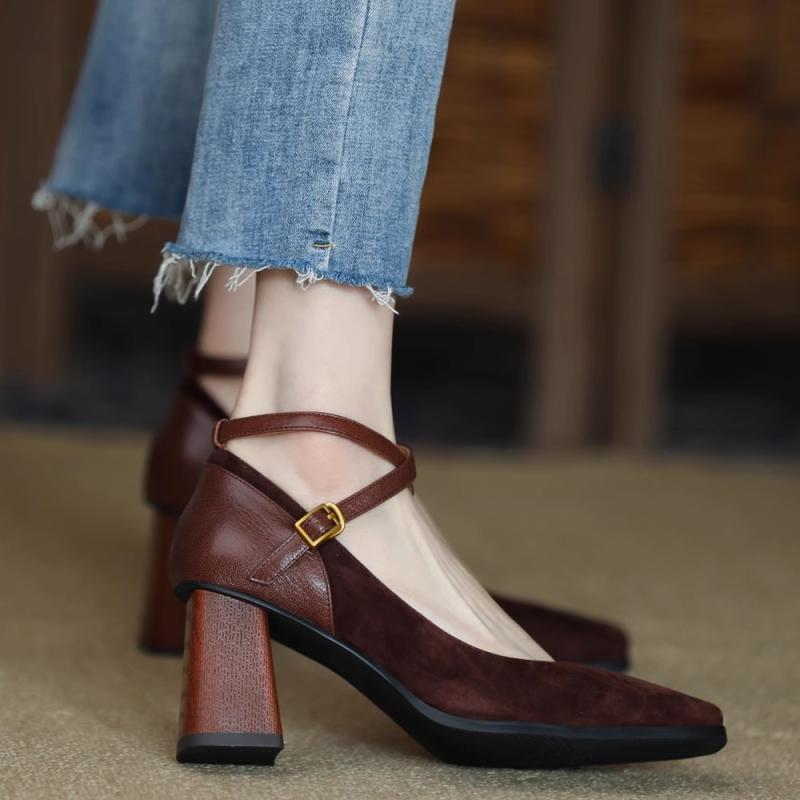 Women's Retro Chunky Heel Suede Pumps | Square Toe High Heels | Brown & Black