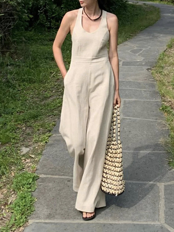 Sleeveless Wide Leg Solid Color Round-Neck Jumpsuits
