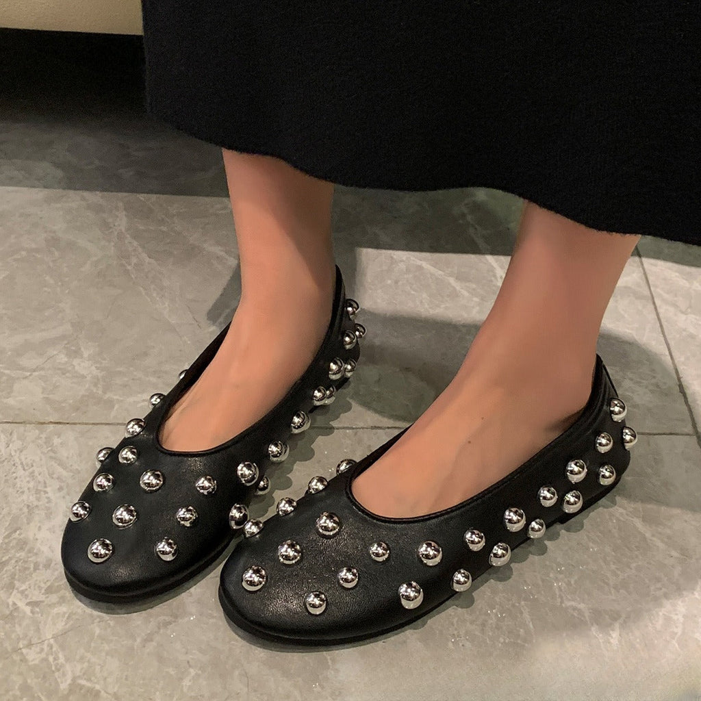 Women's Black Studded Ballet Flat Shoes – PU Leather Casual Flats with Metal Stud Detail