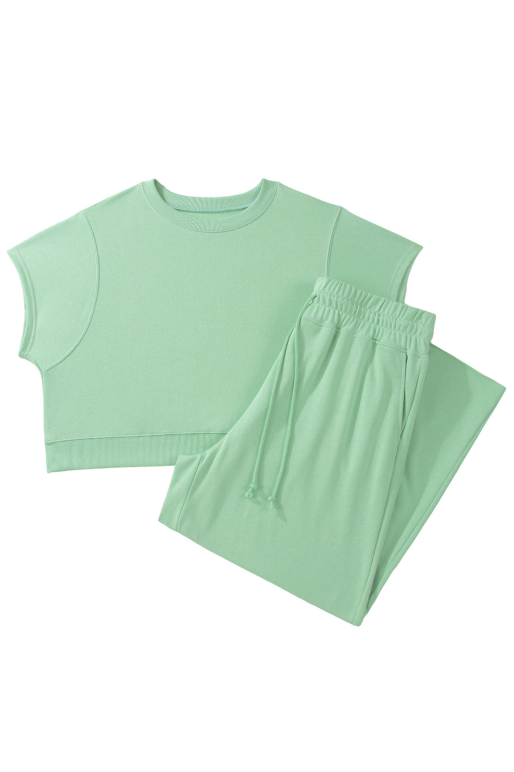 Clearly Aqua Solid Color Ribbed Trim Short Sleeve Top Drawstring Loose Pants 2pcs Outfit