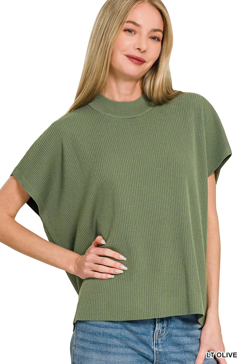 Viscose Mock Neck Short Sleeve Boxy Sweater