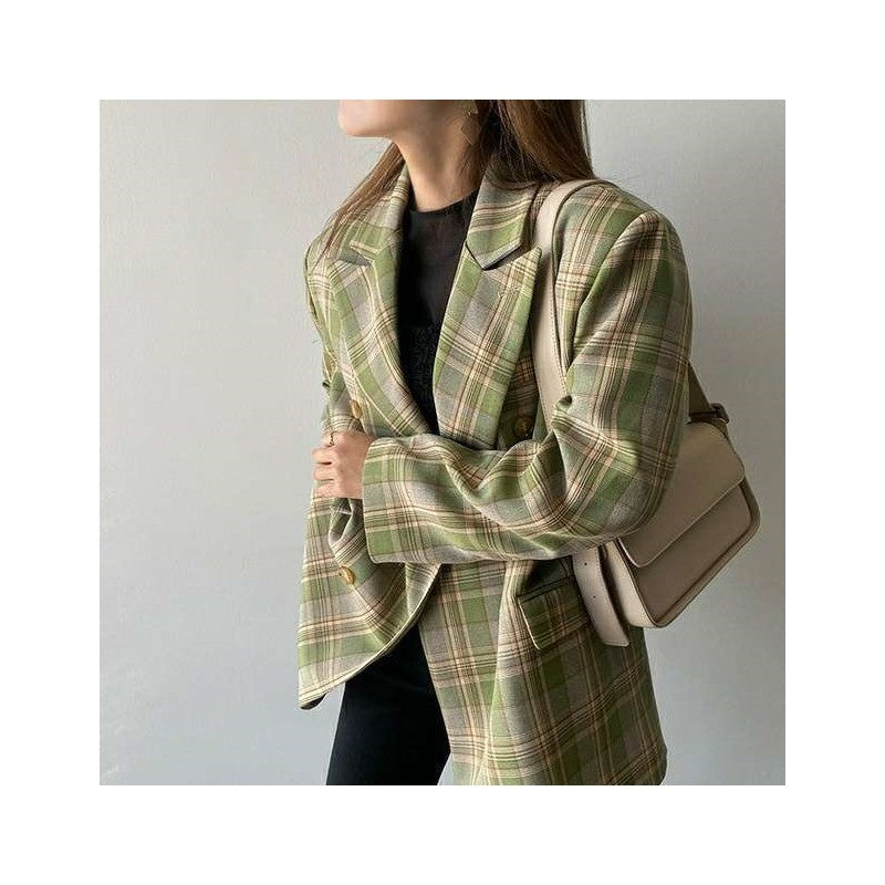 Casual Color Block Plaid Loose Fit Blazer
