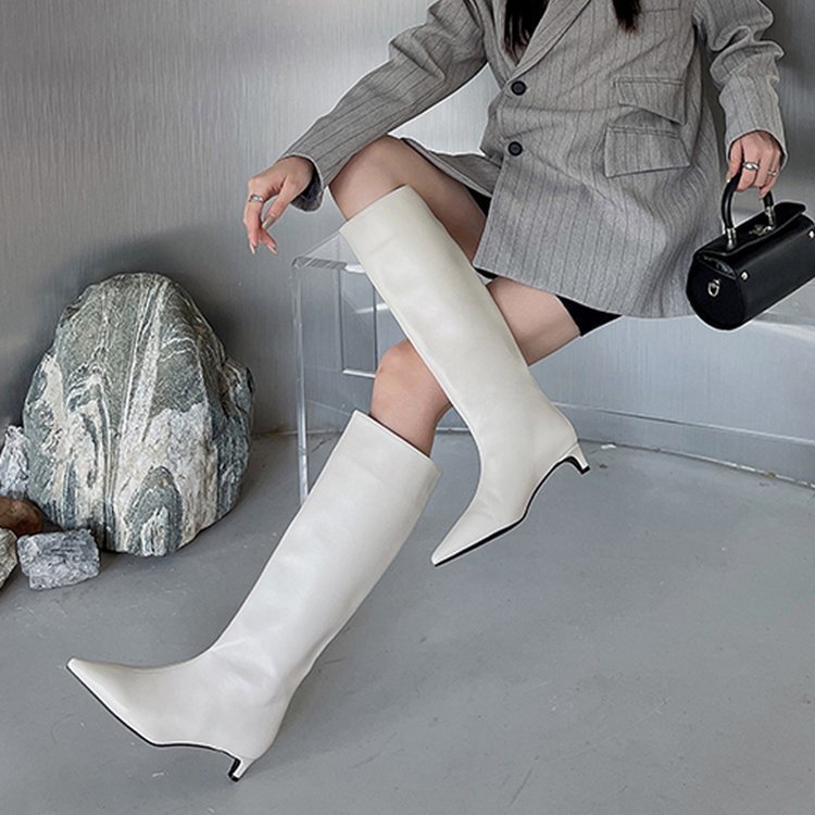 Women's Wide-Calf Knee-High Riding Boots | Pointed Toe Kitten Heel | PU Leather