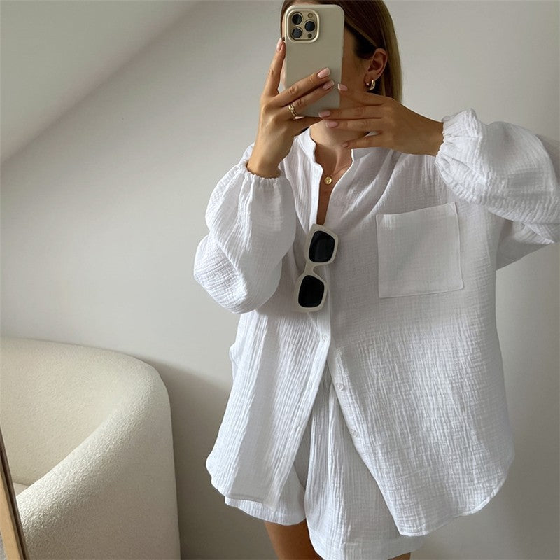 Solid Color Long Sleeve Shorts Pajama Set