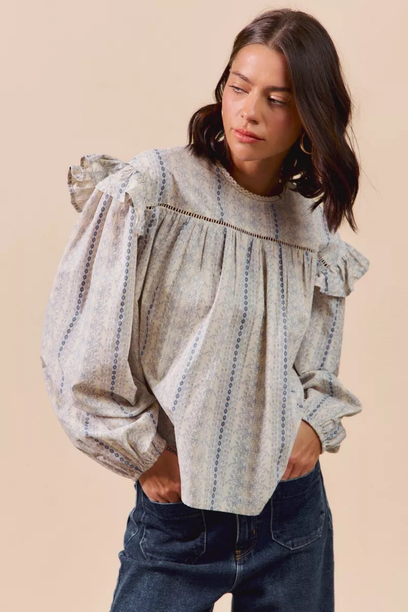 Floral Cotton Print Ruffled Long Sleeve Blouse