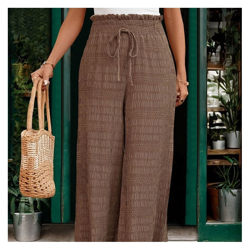 Textured Solid Color Wide Leg Casual Trousers