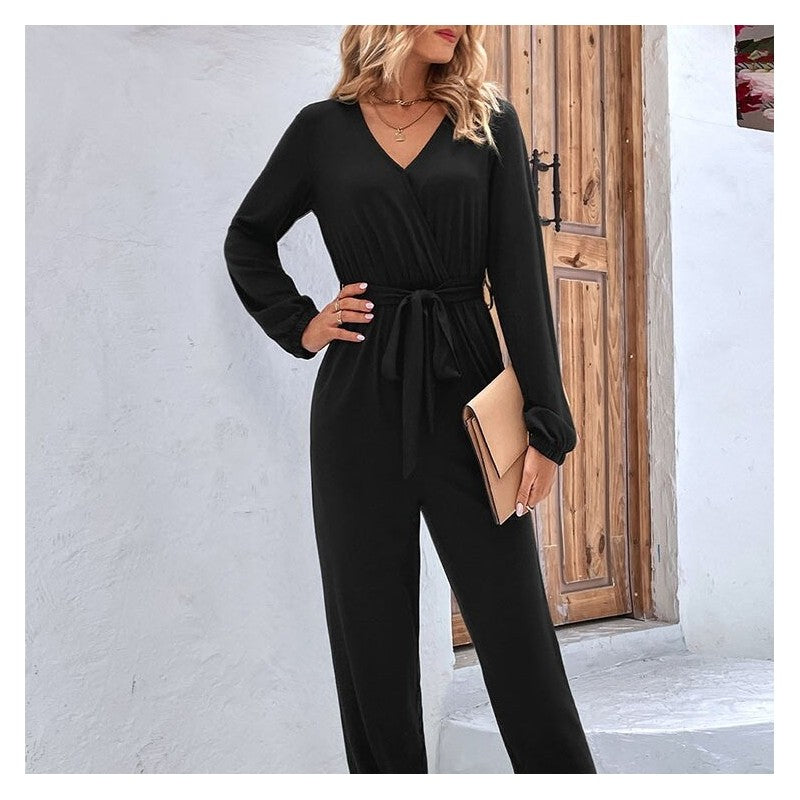 High-Waisted V-Neck Long Sleeve Belted Jumpsuit