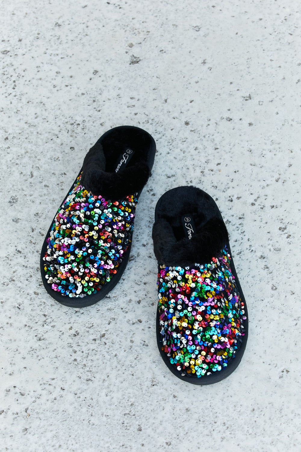 Multicolored Sequin Faux Fur Slipper