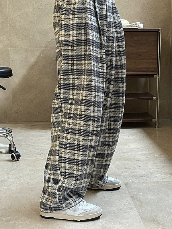 Vintage Wide Leg High-Waisted Pleated Plaid Pants