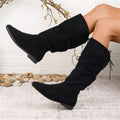 Women's High-Shaft Pleated PU Leather Chunky Heel Boots | Mid-Calf Round Toe