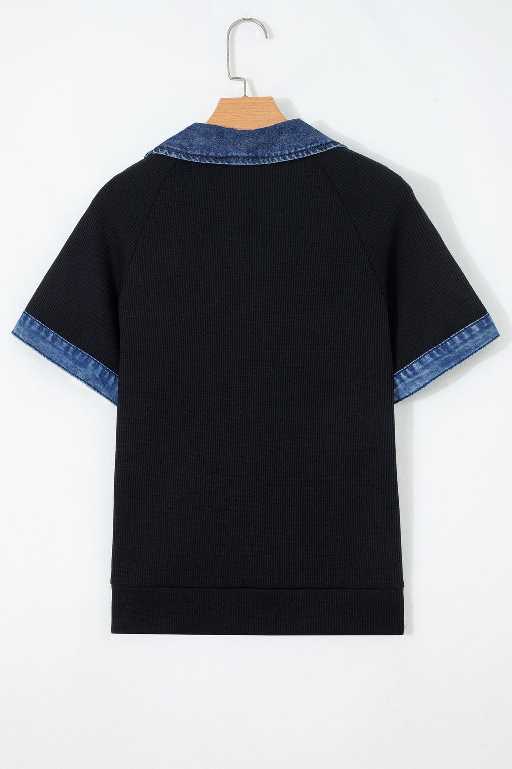 Black Waffle Knit Denim Contrast Trim Patchwork Button Collar Top