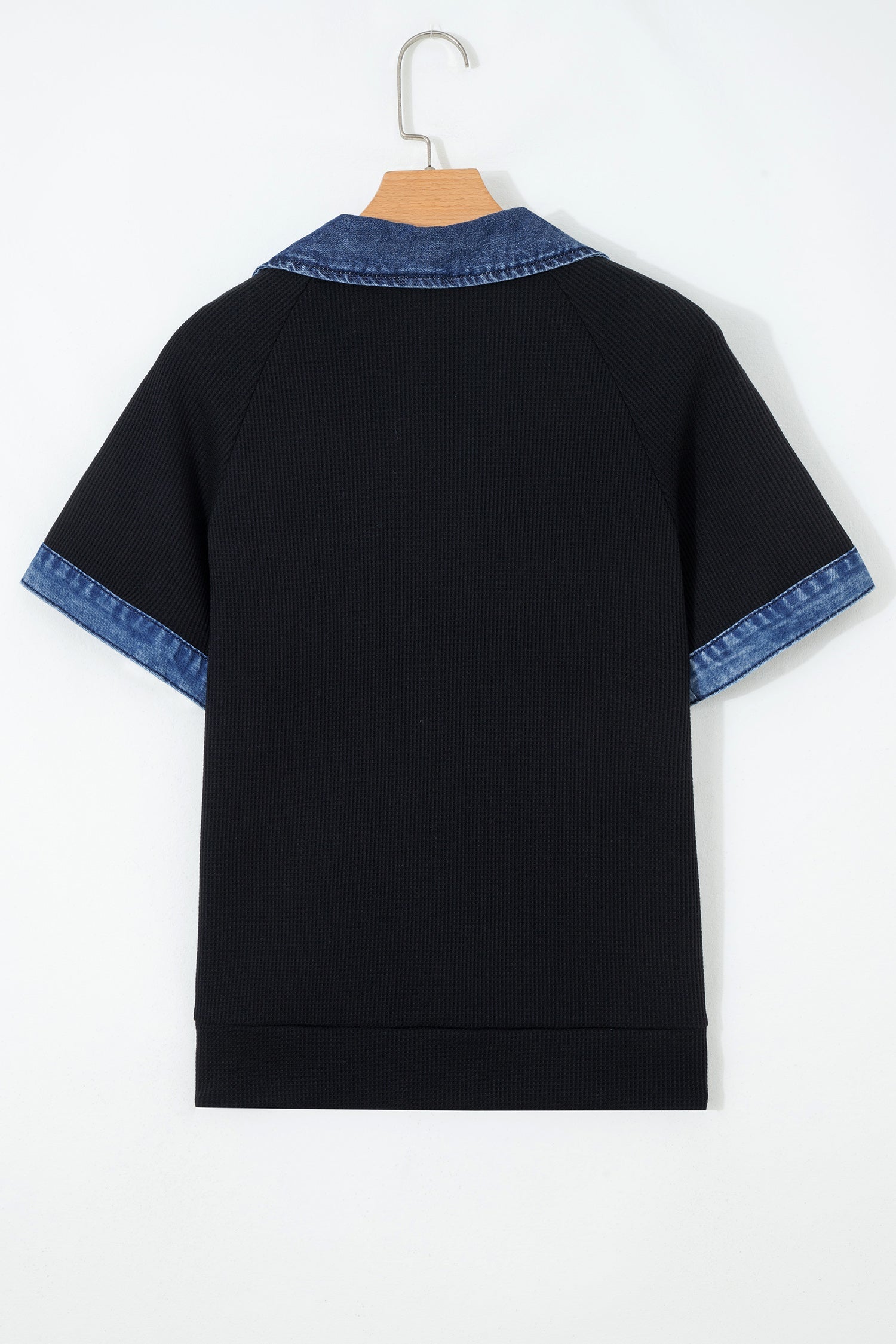 Black Waffle Knit Denim Contrast Trim Patchwork Button Collar Top