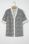 Black Plus Leopard Print Striped Color Block Trim Frilled V Neck Short Sleeve Blouse