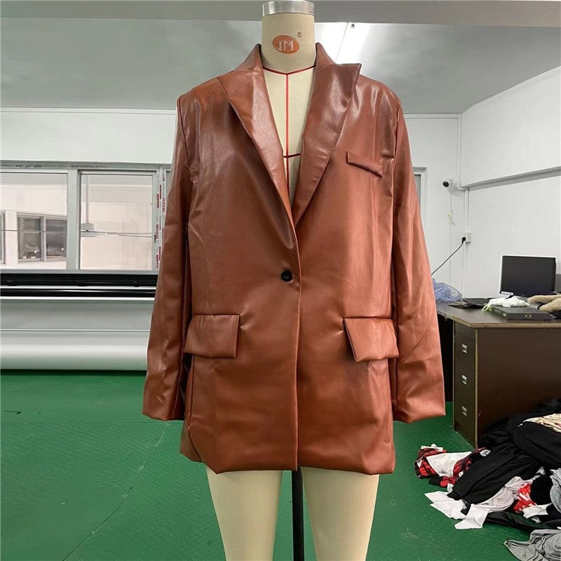Solid Color Medium Length Leather Jacket