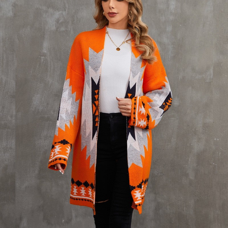Long Halloween Jacquard Color Block Knit Cardigan