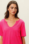 Waved Rib U Neck Top With Front Pocket