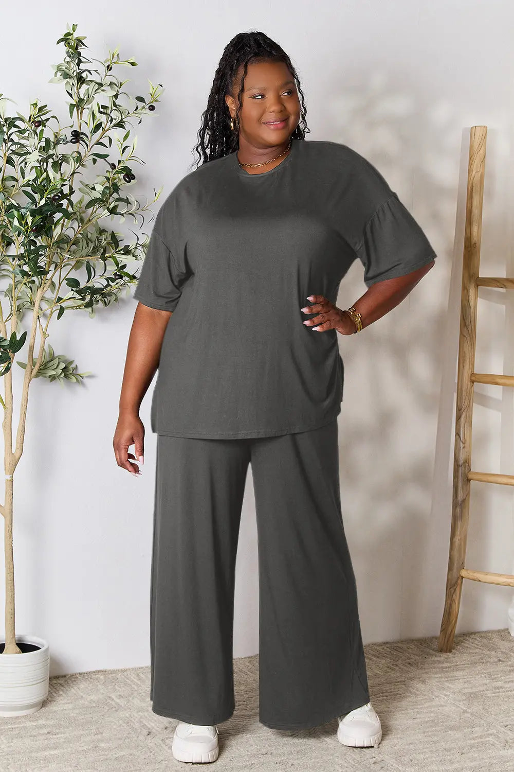 I am a Fashion Junky Full Size Round Neck Slit Top and Pants Set