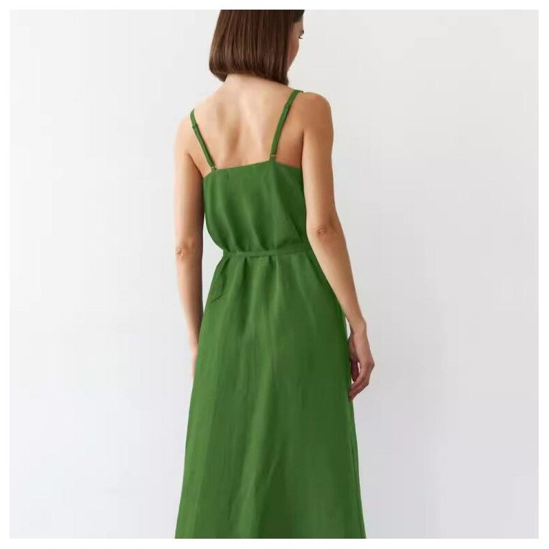 V-Neck Sleeveless Belted Dress in Solid Color - Slim Fit